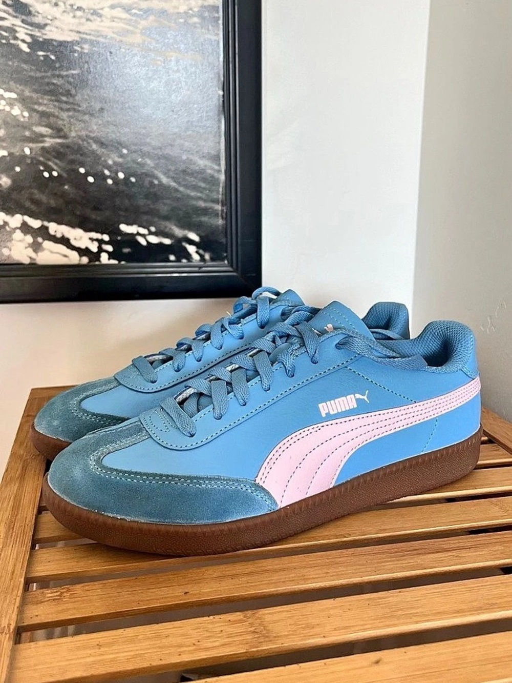 Puma Club 5v5 sneakers in a light blue and pink colorway with a gum sole, size 9